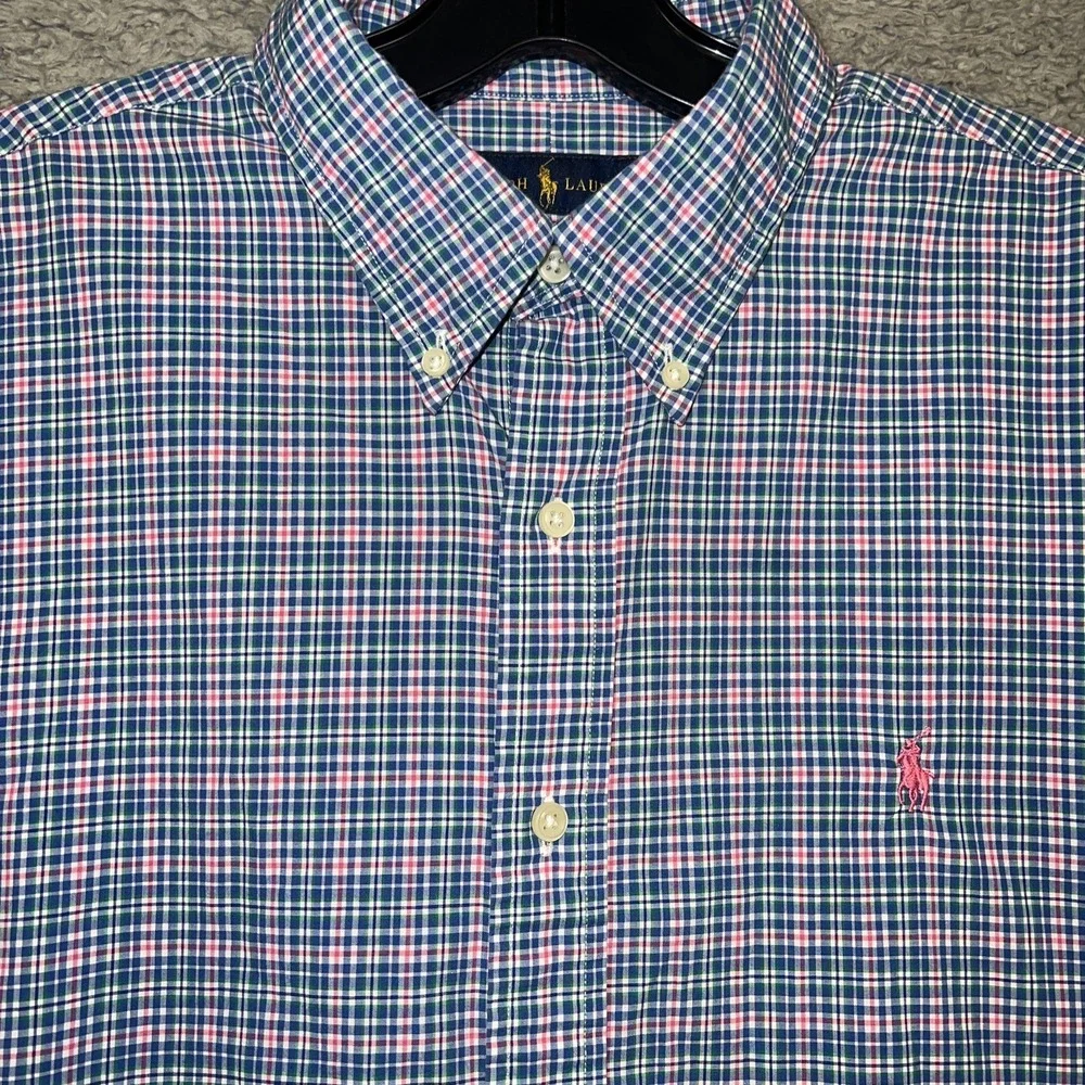 Ralph Lauren Shirt Men's Size L Multicolor Plaid Pink Pony Custom Fit Button‎ Up